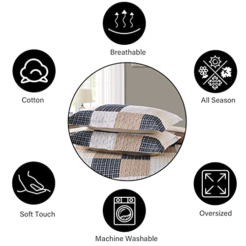 Image of PANGUSHAN Quilts Set King Size,100% Cotton Quilt,Patchwork Plaid King Quilt Bedding Set Bedspreads,Farmhouse Rustic Lightweight Comforter for King Bed,Cream /Brown /Blue-Black /Off-White Bed Spread