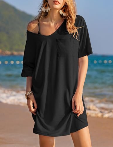 Image of Ekouaer Womens Tshirt Nightgown Cotton V Neck Sleepshirts Comfy Casual Nightshirt for Women
