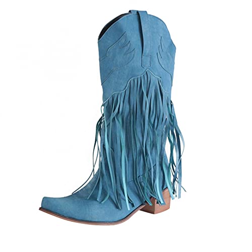Noldares Cowgirl Boots Women Tassel Womens Suede Ankle Boots Winter Vintage Fringe Pull-On Mid-Calf Flat Western Lady Boots, Blue, 9 #TOP3