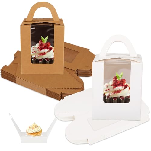 50 Pieces Single Cupcake Boxes, Cake Boxes with Window, Cupcake Carrier with Inserts, Individual Bakery Boxes with Handle, Treat Boxes for Bridal Showers, Weddings, Birthday Parties (White & Kraft)