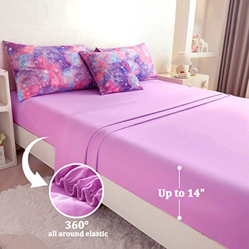 Image of 6 Pcs Purple Girls Bedding Set, Comforter Set Galaxy Full Bedding Set for Girls Teens