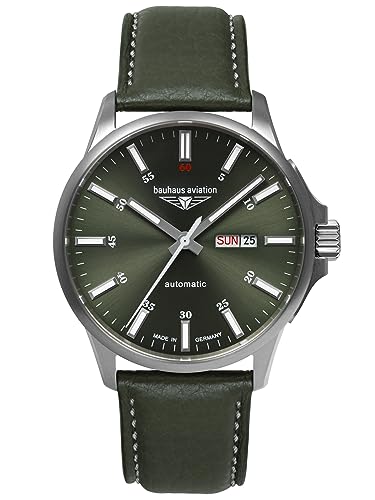 Bauhaus Aviation Herrenuhr mit Lederband Titan Automatik 10 ATM Saphirglas Tag Datum DayDate 2866-4