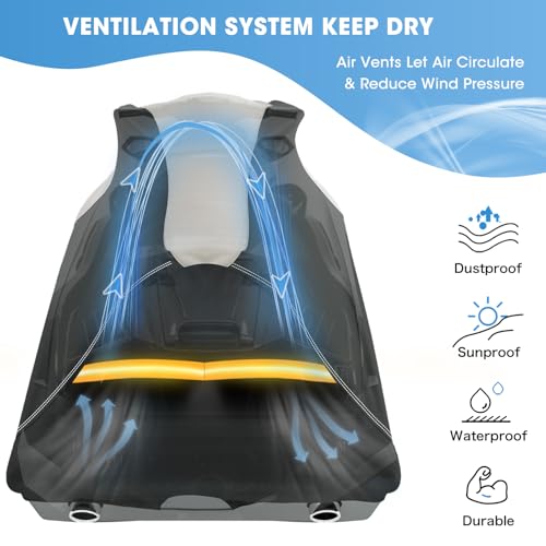Solim Trailerable Jet Ski Cover, 1200D Waterproof PU Oxford Jetski Cover, Marine Grade Heavy Duty Polyester PWC Cover with Strap & Reflective Air Vent for Kawasaki Sea-Doo Yamaha 2-3 Seater Gray&Black