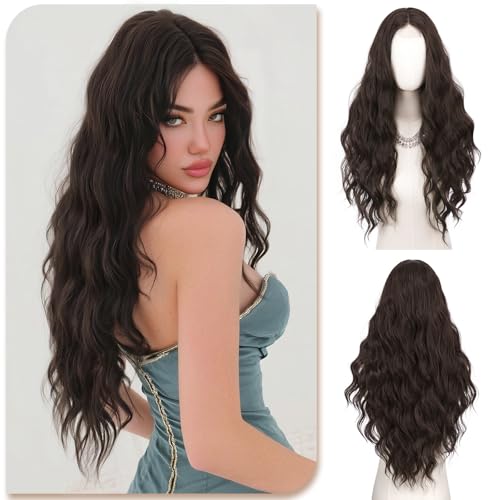 Sofeiyan Peruca comprida e ondulada, 70 cm castanho escuro perucas para mulher com riscas central, natural e pequena frente de renda, resistente ao calor sintética, para diário festa cosplay