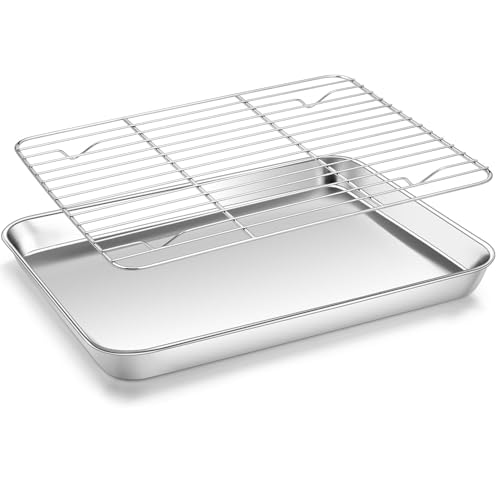 Image of Crega Toaster Oven Tray and Rack Set, Stainless Steel Broiler Baking Pan with Cookie Sheet and Cooling Rack Set, Mirror Finish & Rectangle Non Toxic & Dishwasher Safe
