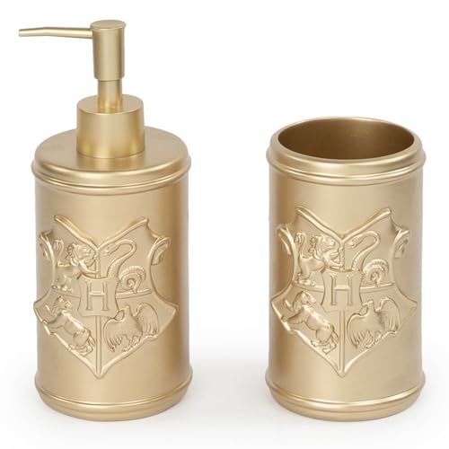 Harry Potter Bathroom Soap Dispenser Set - 2 Piece Gold Hogwarts Crest Collection Includes Resin Lotion Pump and Tumbler Cup - Bathroom Décor