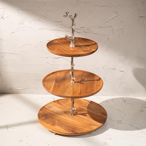 Image of Treat Tree Three-Tier Multipurpose Serveware - Acacia Wood with Iron Handle & Metal Base - Serving Stand for Snacks, Desserts & Table Display (13x13x21 inches)