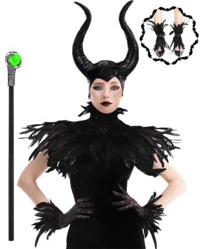 Women's Halloween Maleficent Costume, Gothic Black Crow Darkness Suits with Horn, Staff, Feather Cape Shawl and Long Lace Gloves and Footcovers for Adult Evil Witch Maleficent Queen Cosplay Party