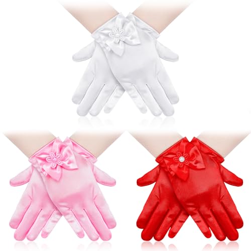 Bencailor 3 Pieces Girls Satin Gloves Tea Party Little Girls Princess Dressing Gloves for Wedding First Communion Cosplay(Bow Dress Style, White, Red, Pink)