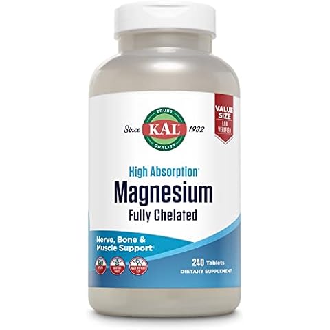 KAL Magnesium Glycinate Tablets, Fully Chelated, High Absorption Formula with Magnesium Bisglycinate Chelate for Nerve, Muscle & Bone Health Support, Vegan, Gluten Free, Value Size, 240 Tablets Cover