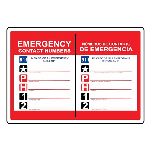 Emergency Contact Numbers 911 Bilingual Sign Metal Sign 12x16 Inch for Garage & Warehouse – Industrial Decor