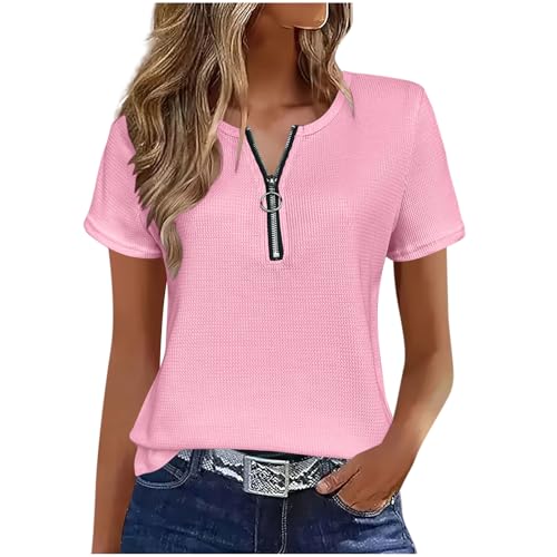 Women's Waffle Knit Short Sleeve Shirts Dressy Casual Crewneck Quarter Zip Pullover Summer Slim Fit Basic Tunic Tops Pink