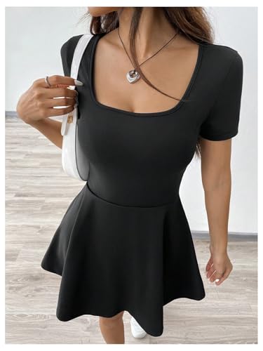 GORGLITTER Women's Tennis Dress with Shorts Square Neck Short Sleeve A Line Skater Mini Golf Dresses with Pocket Black Medium - Image 5