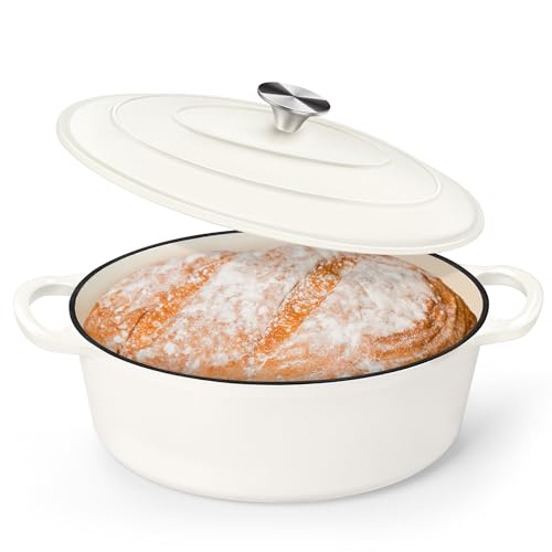 P&P CHEF Oval Dutch Oven with Lid, Enameled Cast Dutch Oven Pot for Bread Baking, Braising, Stewing, Roasting, Non-Stick & Oven Safe, Dual Handles & Easy Clean, 5QT & White