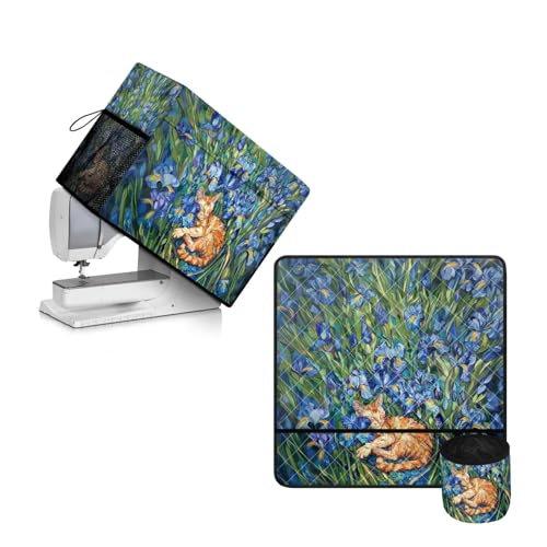 PJHEQOXE Iris Flower Orange Cat Print Sewing Machine Muffling Mat and Dust Cover to Keep Clean & Safe Muffling Mat Protection Suitable for Brother Singer Bernina and Most Machines