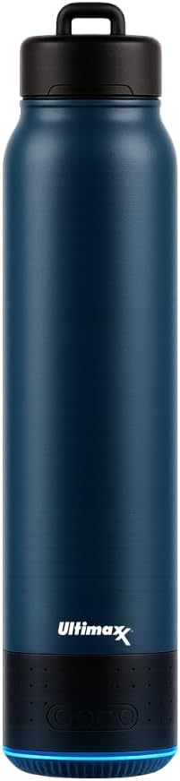 Ultimaxx Vacuum Insulated Premium Water Bottle with Bluetooth Speaker – Steel Double Wall Design, Lights, Lid Lock, Convenient Drinking Spout & Carry Handle (700ml/23.6 oz) – Blue
