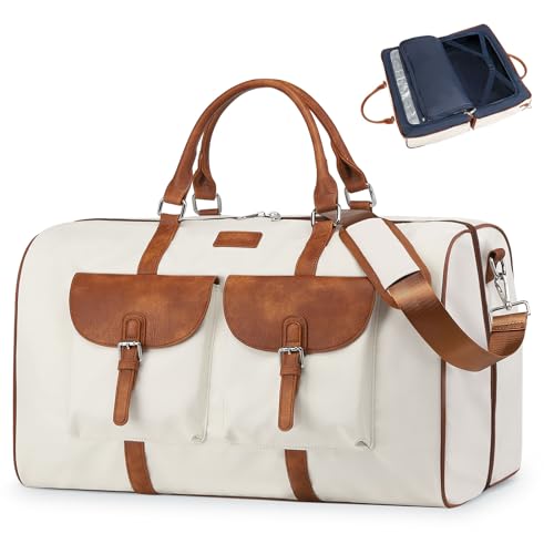 SUIKIHUM Lay Flat Travel Duffel Bag for Men and Women Wet Pocket White