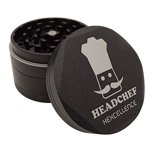 Headchef Hardcore Hexellence Ceramic Non-Stick Coated Metal Herb Grinder, 4 Piece, 62mm (Black), Onyx Black