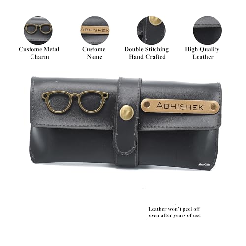 Image of AICA Personalised Name & Charm Leather Sunglass Case Cover for Men & Women | Hard Case Eyewear Cover