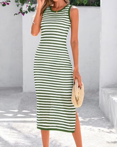 Image of Zenlonr Women's Sleeveless Summer Dresses 2025 Casual Crochet Knit Sundress Striped Long Tank Dress Beach Slip Dress