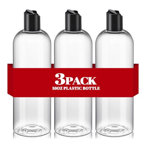 3Pcs 16 oz Clear Plastic Refillable Travel Shampoo and Conditioner Bottles with Black Disc Top Caps，Squeeze Empty Bottles Cosmetic Containers for Lotions, Body Soap Cream