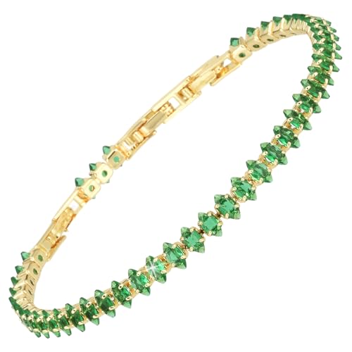 RIZILIA Not-Your-Basic Minimalist Tennis Bracelet for Women with 2mm Marquise Cut CZ Simulated Green Emerald in 14K Yellow Gold Plated, 16.5cm Base +1.5/2.5cm Extenders to 18-19cm, Gift Boxed