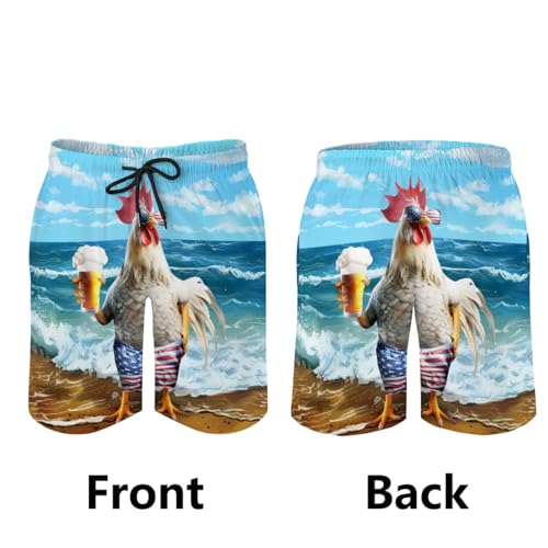Patriotic Rooster Beer Men's Swim Trunks Chicken Board Shorts 6