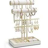 Vlando アクセサリースタンド 3段 ネックレススタンド PUレザー トレー アクセサリー収納 ネックレス ピアス リング ブレスレット フック ジュエリーケース 誕生日プレゼント 女性用（アイボリー）