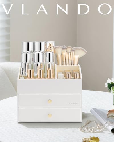 Vlando Make up Organizer mit 3 Schubladen, Schminktisch Organizer, Kosmetik Organizer, Schmink Organizer für Badezimmer, Dresser Skincare, Weiß