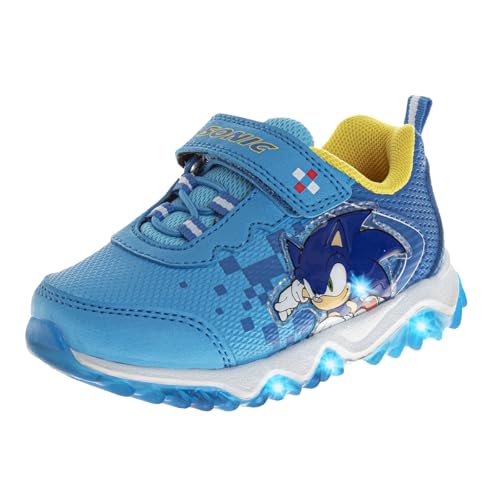 Josmo Kids Sonic The Hedgehog Sneakers LED Light Up Shoe - Slipon Laceless Casual Fashion Athletic Shoes for Boys - Blue (Size 8 Toddler)