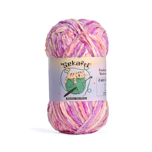 Image of Fuzzy Chenille Yarn for Crocheting, Fluffy Amigurumi Crochet Yarn for DIY Craft /Hat /Shoes, (100g /197yds) Soft Velvet Baby Blanket Yarns(Pinkish Purple)