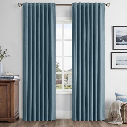 MIULEE 100% Blackout Linen Curtains for Bedroom, Stone Blue Solid