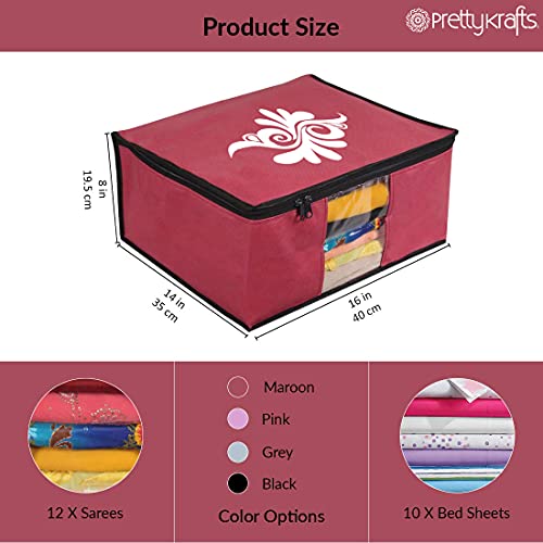 Image of PrettyKrafts Large Saree Cover With Creative Prints, Wardrobe Organiser, Clothes Cover & Storage, Zip Closure and Transparent Window | Clothes Storage Bag | Set of 3, Multi | Size: 40 x 35 x 20 cm