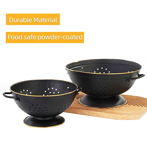 Metal Colander Set Of 2, Strainer Basket With Handles Perfect For Spaghetti, Pasta, Berry, Vegetable, Fruit, Solid Base Powder Coated Self-Draining Kitchen Colander Bowel, 3.5 & 5 Qt, Matte Black #TOP3