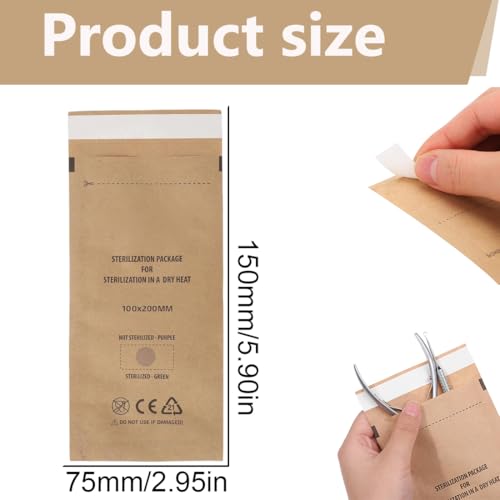 YAZWUR 100 Stück Selbstversiegelnde Sterilisationsbeutel Für Kosmetika und Nagelwerkzeuge (75 x 150 mm)