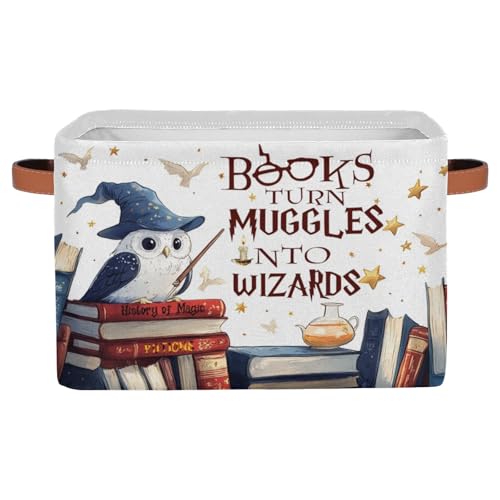 Image of Bardic Magic Nursery Decor Baby Basket Large Blue Hat Wand Basket Owl Kid Gift Collapsible Book Shelf Clothes Basket Rectangle Toy Bin 15"x11"x9.5"