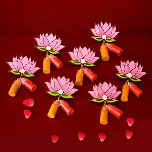 Image of CraftVatika Haldi Kumkum Return Gifts in Bulk Festive Decor, Pasupu Haldi Bottle Lotus Cutout, Thamboolam Return Gifts for Wedding, Pooja, Rakhi, Navratri Diwali Gift for Family and Friends (15 Pcs)