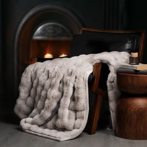 EverGrace Ultra Soft Luxury Fluffy Faux Rabbit Fur Throw Blanket Thick Warm Bubble Throw for Bed Cozy Plush Reversible Blankets for Couch Chair Sofa Taupe 50x60 Inches
