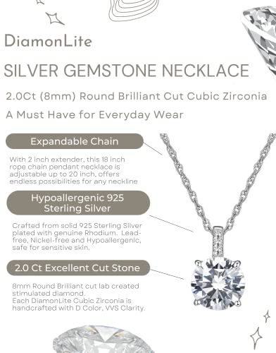 Diamonlite 2 Ct Cubic Zirconia Pendant Necklace For Women, 8Mm D Color Vvs Clarity Round Brilliant Cut, Rhodium Plated 925 Sterling Silver Solitaire Simulated Diamond Necklace, 18"+2" Extender, Round Simple Womens Silver Cz Zirconia Necklace #TOP1