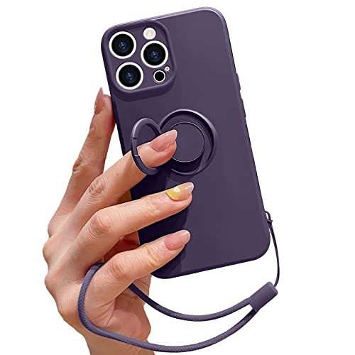 Pepmune Compatible with iPhone 14 Pro Case Liquid Silicone with Ring Holder Kickstand Magnetic Car Mount Detachable Wrist Strap Shockproof Soft Protective Cover-Dark Purple