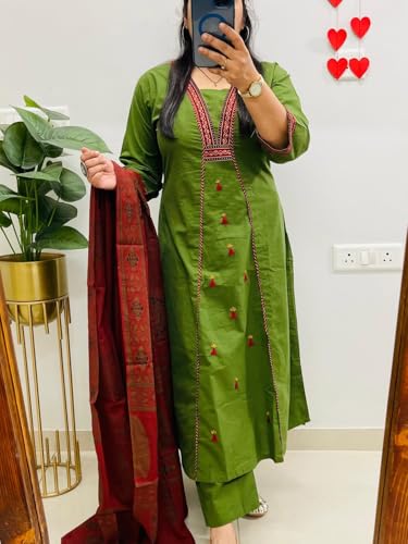 Image of ANNI Designer Navy Blue Pure Cotton A-Line Kurta Pant Dupatta Set for Women | Embroidery 3 Piece Suit with Straight Pants & Matching Dupatta | Festive Office Ethnic Wear