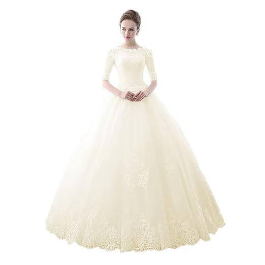 Precioso vestido de novia de encaje para mujer con media manga, Beige, 18 Más