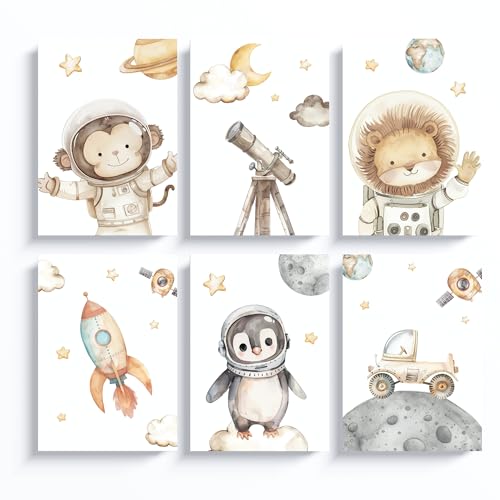 ayurvana Set of 6 Space Nursery Wall Art Prints – Unframed A4 Posters with Astronaut Animals, Rocket, Telescope and Planets – Baby Room Decor for Boys and Girls Bedroom