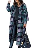 Himosyber Women's Casual Plaid Lapel Brushed Button Down Pocketed Long Shacket Coat Shirt (Green,...