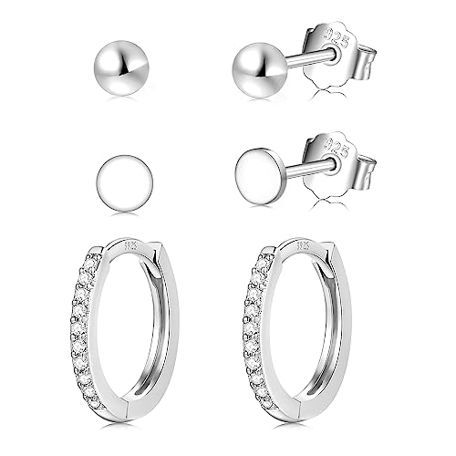 Juego de 3 pares de aretes de aro de plata de ley 925 con circonita cúbica para mujer, ligeros, pequeños, hipoalergénicos, para mujeres y niñas, Chapado en oro blanco