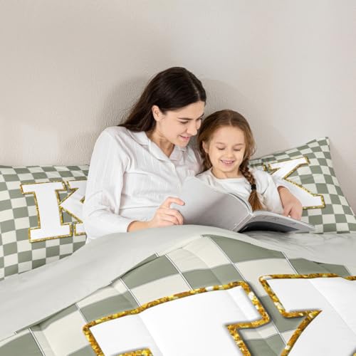 Image of Erosebridal Sage Green Checkered Comforter Set Full Plaid Initial K Bedding Set Personalized Monogram Comforter for Kids Adults,Fashion Grids Gingham Quilt Duvet
