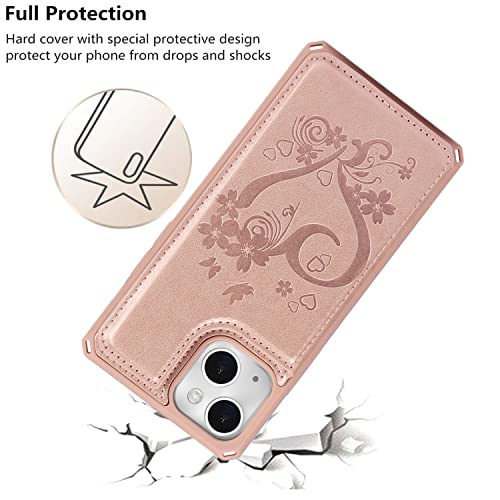 iCoverCase Compatible with iPhone 13 Wallet Phone Case with Card Holder for Women, RFID Blocking Embossed PU Leather Wrist Strap Case 6.1 Inch (Heart Rose Gold) by iCoverCase - Used condition - Image 7