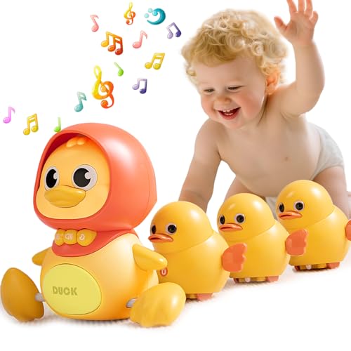 JUYEE Baby Crawling Toys Set of 4 - Magnetic Swaying Ducks for Infants, Tummy Time Toys with Music & Lights, 1st Birthday Gift for Boys and Girls(Yellow)