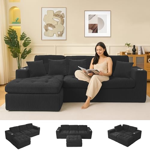 108-Inch Grey Corduroy Modular Sectional Couch