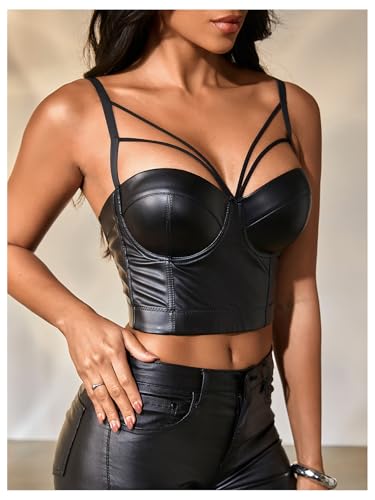 OYOANGLE Women's Pu Leather Cut Out Camisoles Strappy V Neck Backless Fitted Cami Crop Tops4